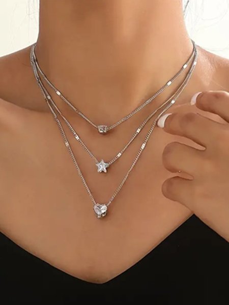 

Multi Layer Pentagram Love Water Drop Pendant Necklace, Silver, Necklaces