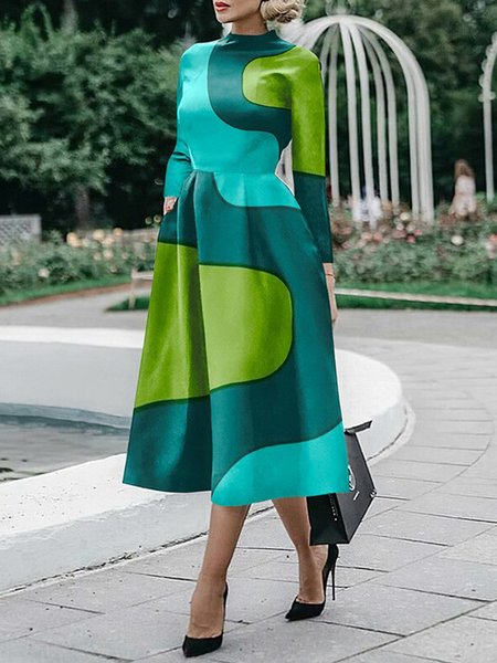 

Elegant Stand Collar Geometric Regular Fit Dress, Green, Midi Dresses