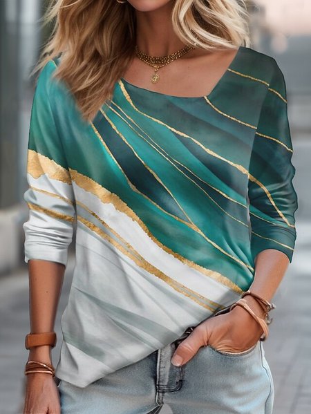 

Gradient Pattern Casual Asymmetrical T-Shirt, Green, T-Shirts