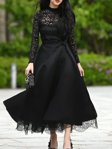 

Long Sleeve Regular Fit Plain Elegant Dress, Black, Maxi Dresses