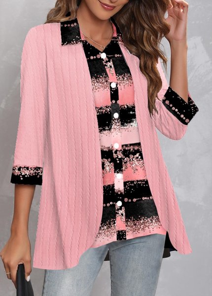 

Shawl Collar Casual Loose Plaid Blouse, Pink, Shirts & Blouses