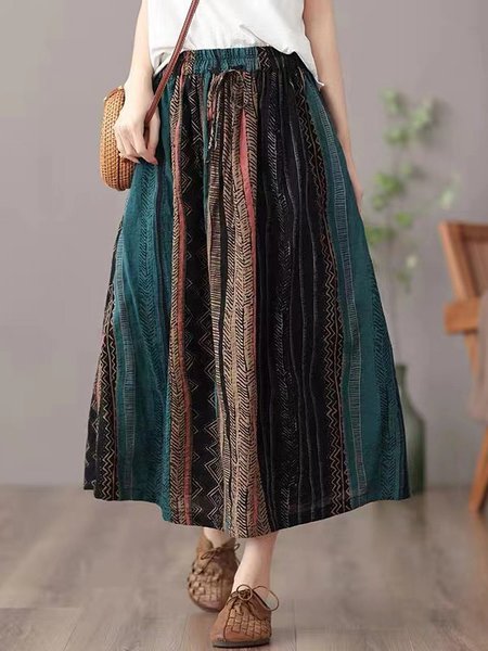 

Casual Striped A-Line Natural Midi Skirt, Darkgreen, Skirts