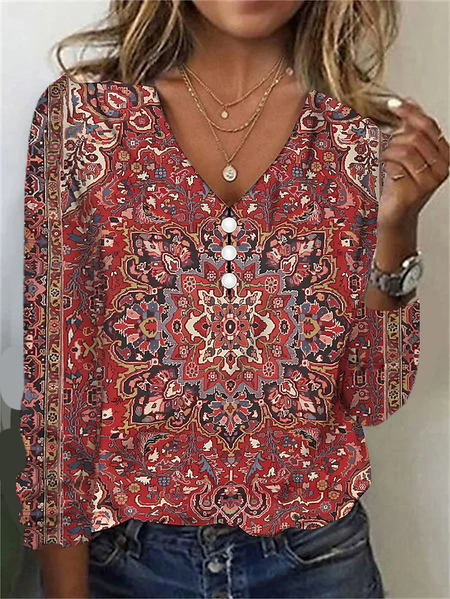 

Women's Long Sleeve Tee T-shirt Spring/Fall Nationality/ethnic Jersey V Neck Daily Going Out Casual Top, Red, T-Shirts