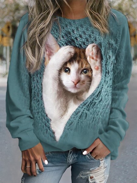 

Loose Crew Neck Casual Cat Sweatshirt, Green, Sweatshirts & Hoodies
