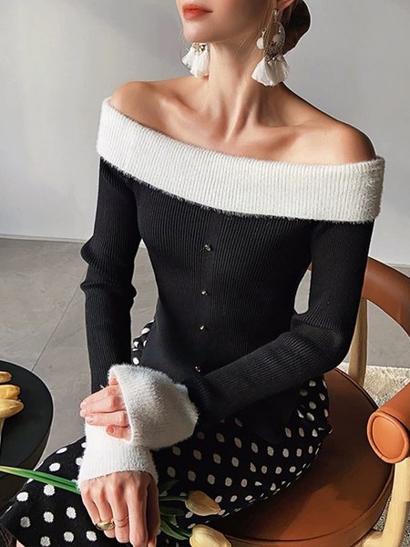 

Boat Neck Elegant Regular Fit Color Block Sweater, Black, Pullovers