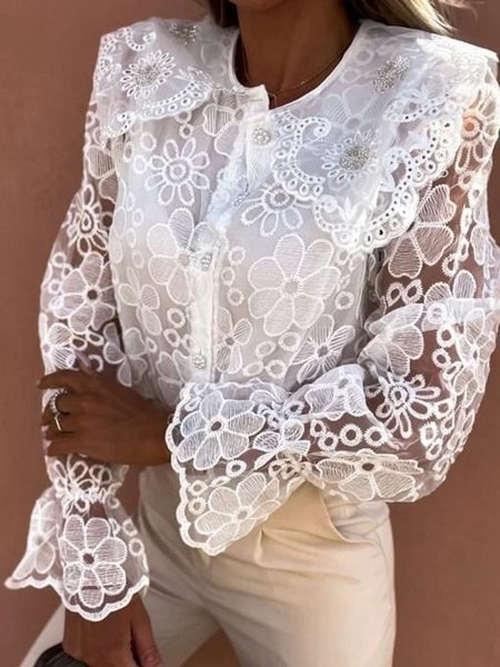 

Casual Regular Fit Lace Plain Shirt, White, Shirts & Blouses