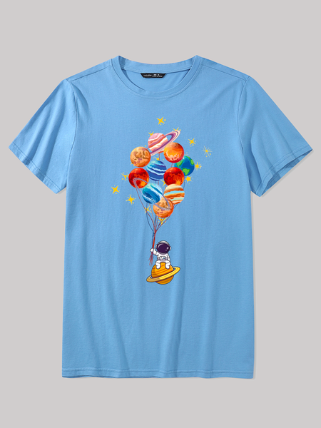 

Men's Space Balloon Astronaut Cotton Casual Loose T-Shirt, Light blue, T-shirts