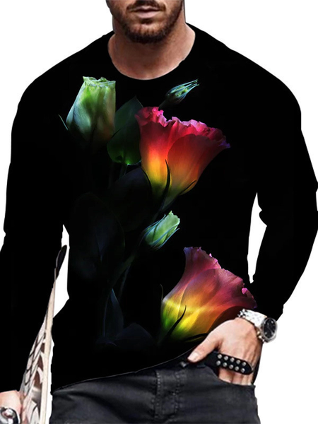 

Casual Floral Printing Crew Neck Distressed T-Shirt, Yellow, Men's Clothing