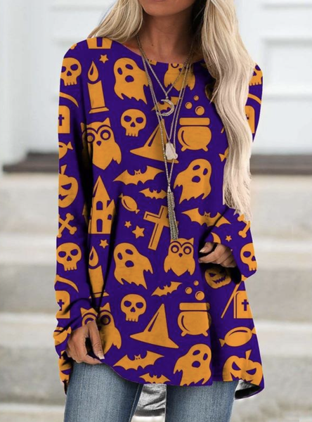 

Halloween Long Sleeve Casual Crew Neck T-Shirt, Purple, Long sleeves