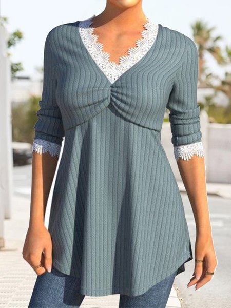 

Plain Casual Lace V Neck Shirt, Blue, Shirts & Blouses