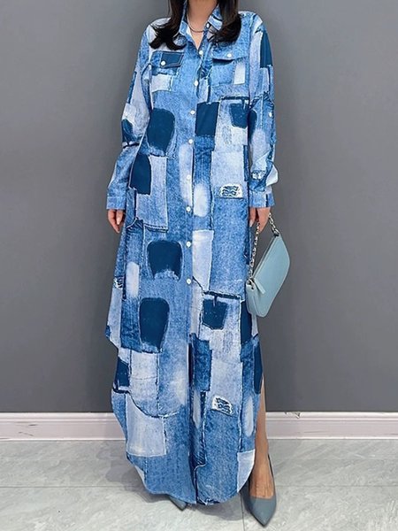 

Shirt Collar Color Block Long Sleeve Loose Dress, Blue, Maxi Dresses