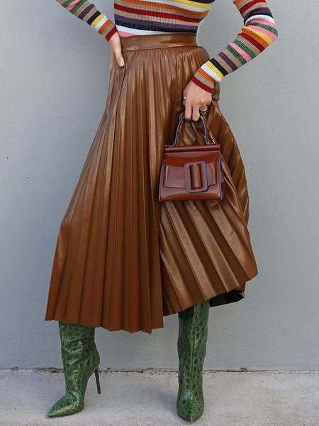 

Pleated High Waist Plain Urban PU Skirt, Brown, Skirts