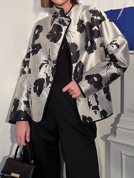 

Floral Loose Stand Collar Long Sleeve Elegant Jacket, As picture, Jackets