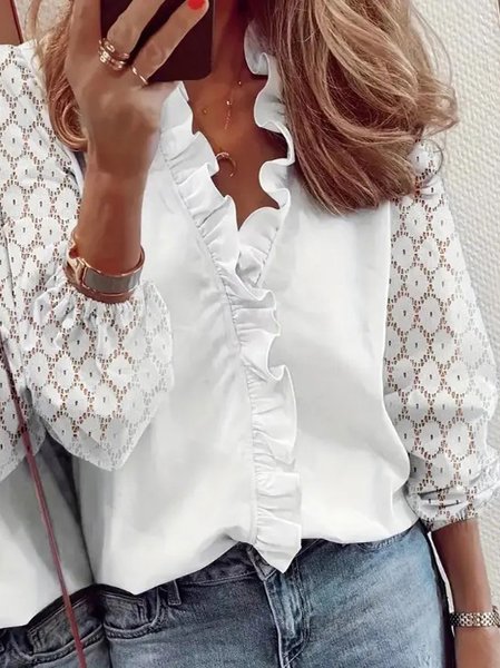 

Lace Sleeve Plain Casual V Neck Shirt, White, Shirts & Blouses