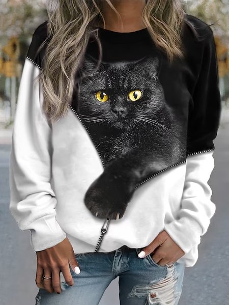 

Loose Casual Crew Neck Cat Sweatshirt, Black, Sweatshirts & Hoodies
