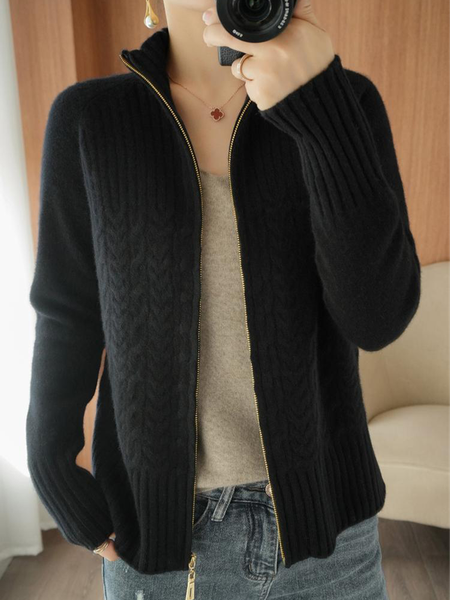 

Casual Plain Zipper Long Sleeve Cardigan, Black, Sweaters & Cardigans