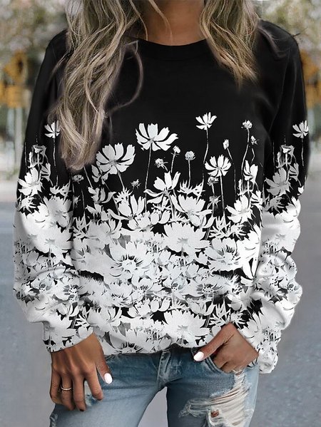 

Casual Crew Neck Floral Loose Sweatshirt, Black-white, Sweatshirts & Hoodies