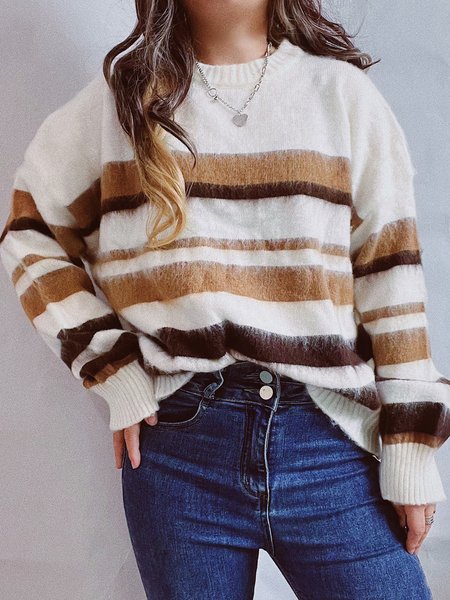 

Women Striped Long Sleeve Comfy Casual Sweater, Coffee, Sweaters