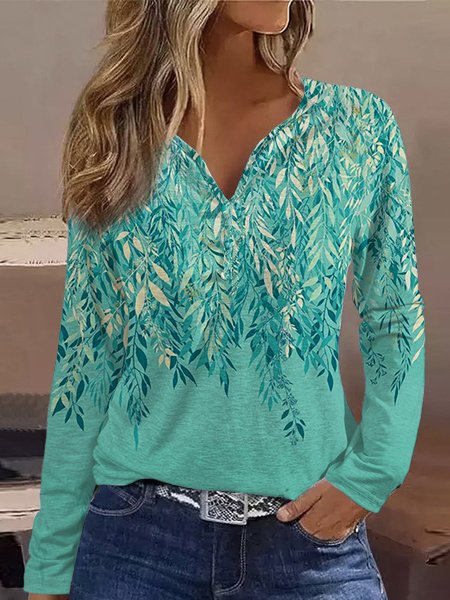

Loose Leaf V Neck Casual T-Shirt, Green, T-Shirts