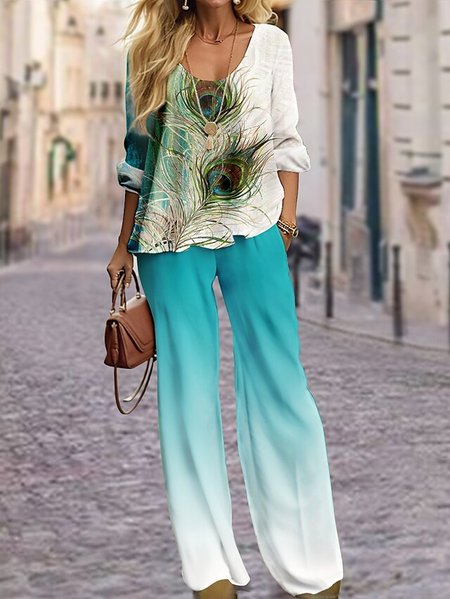

Casual Loose Feather Pattern Crew Neck Two-Piece Set, Blue, Suit Set