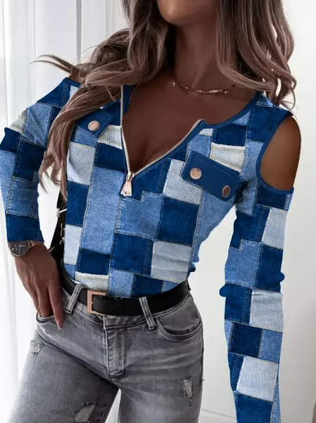 

Regular Fit Color Block Casual V Neck Shirt, Blue, Shirts & Blouses