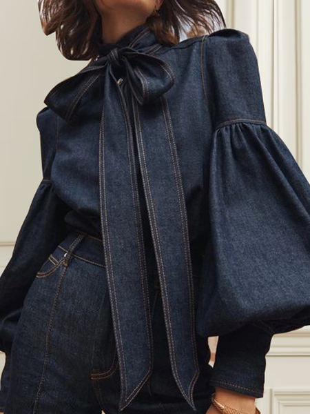 

Lightweight Stand Collar Urban Loose Long sleeve Denim Blouse, Denim blue, Blouses and Shirts