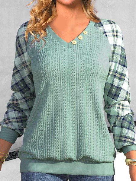 

V Neck Casual Plaid Sweatshirt, Green, Sweatshirts & Hoodies