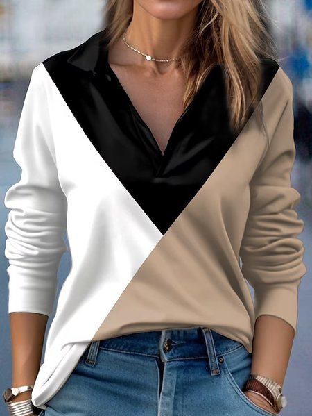 

Color Block Shirt Collar Casual Knitted Shirt, Black, Shirts & Blouses
