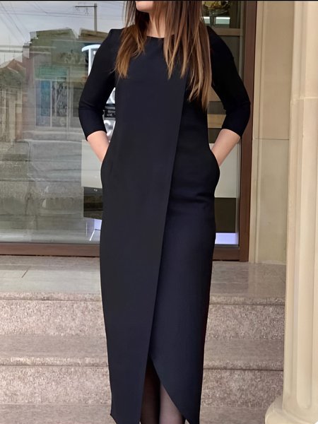 

Urban Plain Crew Neck Midi Dress With No Belt, Black, Midi Dresses