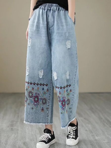 

Women's Casual Ethnic Embroidered Straight Leg Stretch Jeans Urban Commuting Denim, Light blue, Jeans