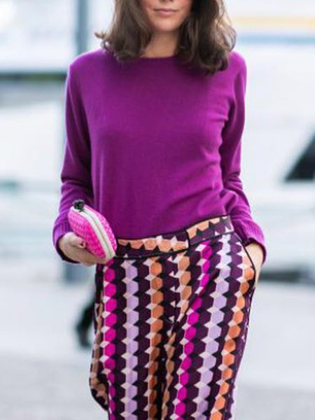 

Crew Neck Urban Long Sleeve Plain Sweater, Purple red, Pullovers