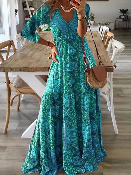 

Casual Ethnic V Neck Regular Fit Dress With No, Green, Dresses