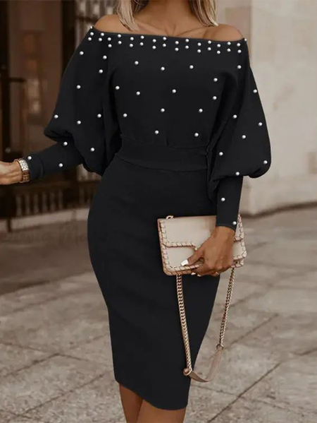 

Plus Size Elegant Regular Fit Cold Shoulder Midi Dress With No Belt, Black, Plus Dresses