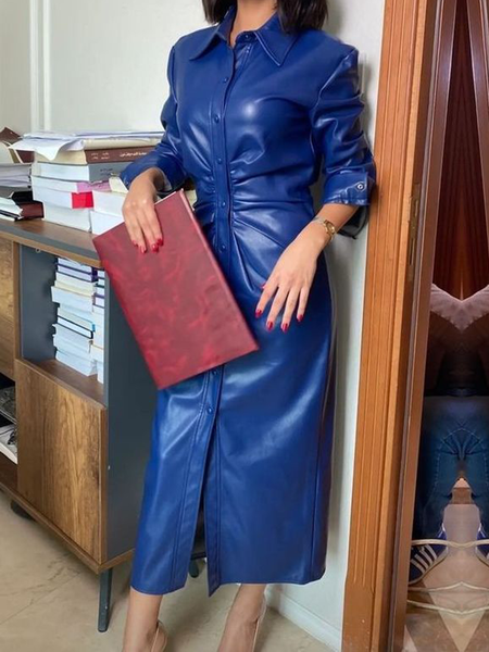 

Regular Fit Shirt Collar Long Sleeve Plain Elegant Leather PU Dress, Blue, Midi Dresses