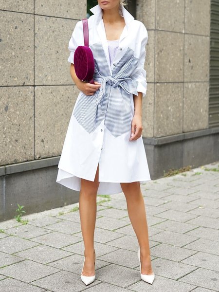 

Plaid Shirt Collar Regular Fit Urban Dress With Belt, White, Midi Dresses