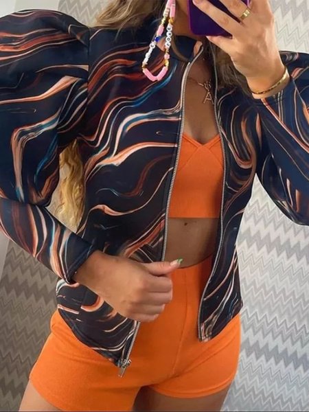 

Abstract Elegant Regular Fit Long Sleeve Jacket, As picture, Jackets