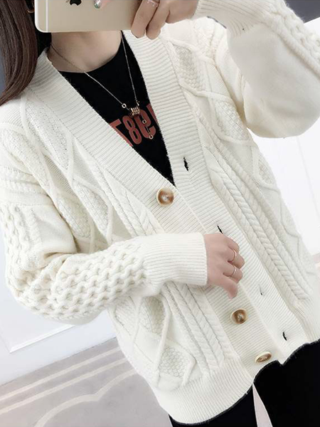 

Long Sleeve Plain V Neck Buckle Casual Cardigan, Off white, Sweaters & Cardigans