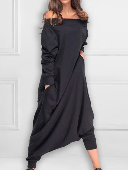 

Plus Size Loose Plain Cold Shoulder Urban Jumpsuit, Black, Plus Jumpsuits
