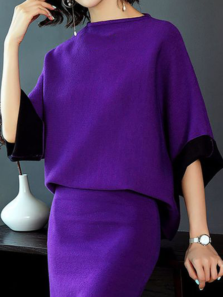 

Plus Size High Elasticity Elegant Short Sleeve Stand Collar Sweater, Purple, Plus Tops