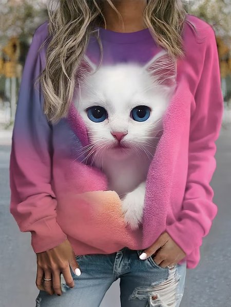 

Cat Crew Neck Casual Sweatshirt, Pink, Sweatshirts & Hoodies