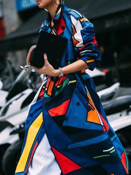 

Urban Geometric Print Long Sleeve Trench Coat, As picture, Coats