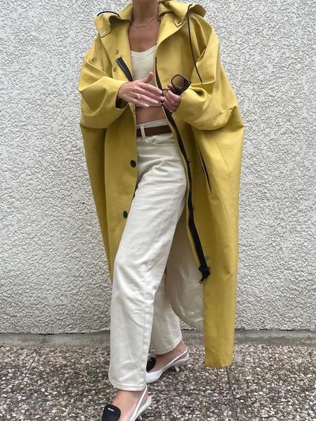 

Loose Urban Plain Hoodie Long Sleeve Trench Coat, Yellow, Coats
