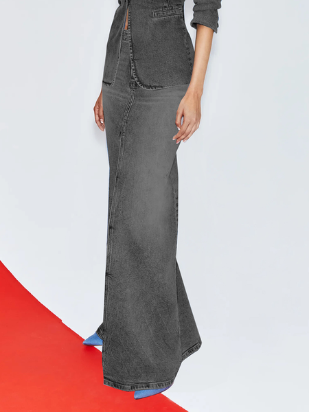

Regular Fit Plain Elegant Denim Maxi Skirt, Black, Denim Skirts