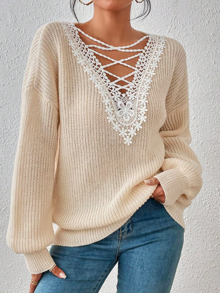 

Loose Yarn/Wool Yarn Elegant V Neck Crisscross Guipure Lace Front Drop Shoulder Sweater, Apricot, Sweaters