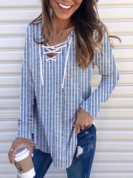 

Casual V Neck Striped Shirt With No, Blue, Shirts & Blouses