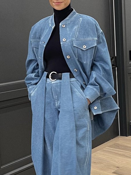 

Plus Size Stand Collar Regular Fit Plain Casual Denim Jacket, Blue, Plus Tops