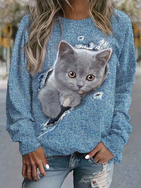 

Casual Loose Crew Neck Cat Sweatshirt, Blue, Sweatshirts & Hoodies