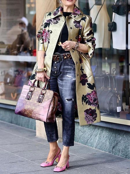 

Plus Size Loose Elegant Shawl Collar Floral Trench Coat, As picture, Plus Outerwear