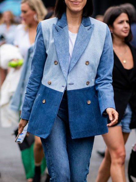 

Urban Color Block Lapel Collar Long Sleeve Denim Coat, Blue, Jackets