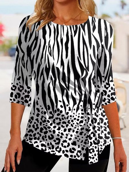 

Crew Neck Leopard Casual Loose Shirt, Black, Shirts & Blouses